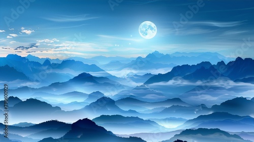 Blue misty moonlit mountain landscape, conveying a sense of peace and tranquility, digital art, concept art, romanticism.