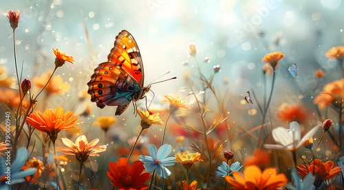 Sunny Serenade: Watercolor Scene Alive with Butterflies Amidst Vibrant Summer Flowers