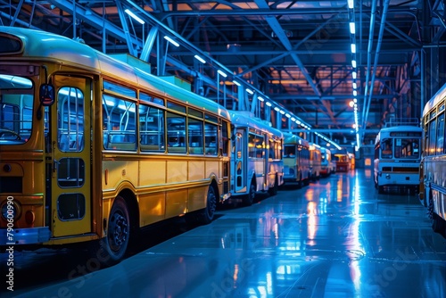 Buses lined up in a factory with blue lights reflecting on the floor.