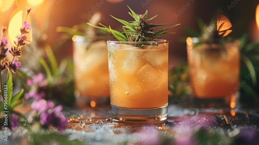 A tight shot of a beverage in a glass garnished with a cannabis sprig A tight shot of a beverage in a glass garnished with a cannabis sprig