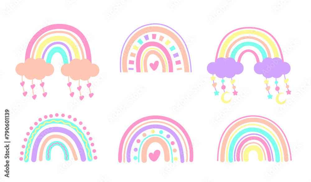 Set of Rainbows in Boho Style. Scandinavian boho rainbows set with clouds, stars, drops in pastel colors. Element for nursery decoration, postcard, clothes, party, baby shower, poster, invitation Set of Rainbows in Boho Style. Scandinavian boho rainbows set with clouds, stars, drops in pastel colors. Element for nursery decoration, postcard, clothes, party, baby shower, poster, invitation