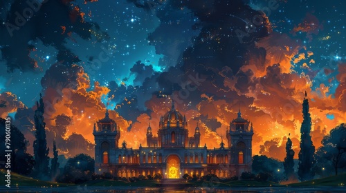 Stunning night-time art illustration of an illuminated museum under a starry sky with celestial dreamscape photo
