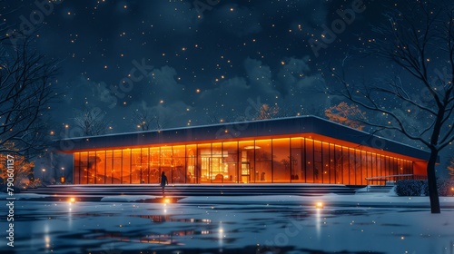 Stunning night-time art illustration of an illuminated museum under a starry sky with celestial dreamscape