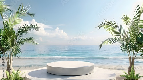Serene Tropical Beach Backdrop with Minimal 3D Podium for Holiday Product Display