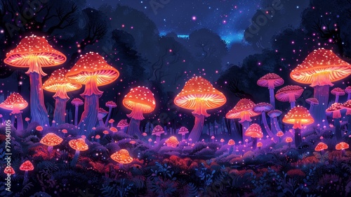 Enchanted glowing mushroom forest under starry night sky in minimalist art style