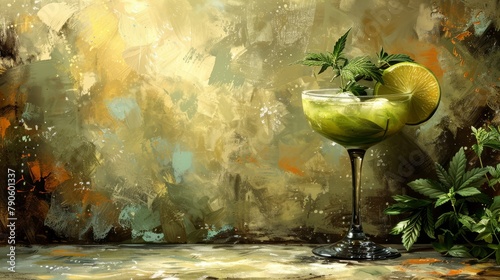   A painting of a cocktail glass with a lime and mint garnish at the rim, and a green garnish gracefully resting on the edge photo