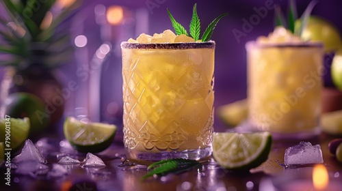  A tight shot of a drink in a glass, garnished with a slice on the rim