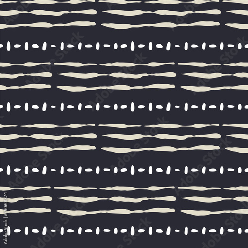 Monochrome dark blue and beige seamless pattern with organic sketchy stripes. Vintage folk background.