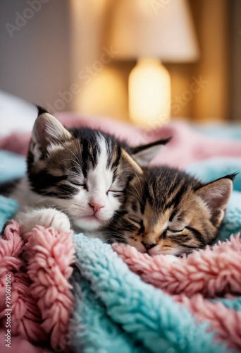 Two cute kittens sleep on a soft colorful fluffy cozy blanket. Sleeping cat. World Cat Day. Pet care. A beautiful postcard for animal lovers