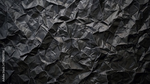 Black crumpled paper texture background, conveying darkness, mystery, and intrigue, perfect for grunge, industrial, or horror-themed projects. photo