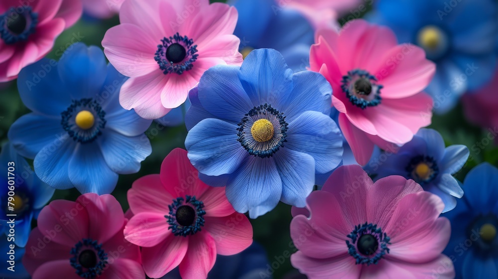  A cluster of blue, pink, and purple blooms, each featuring a yellow center within their petals