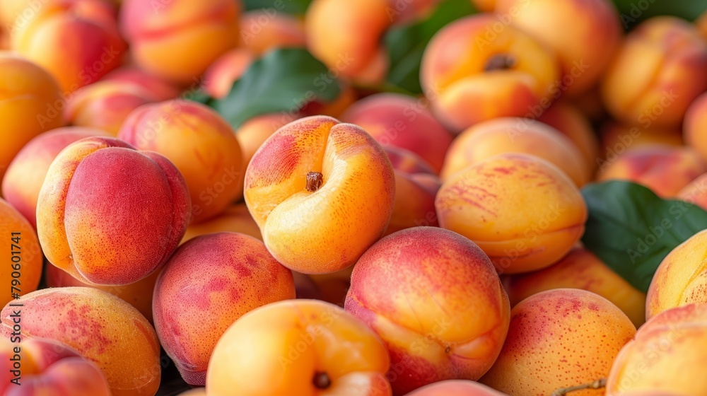 A pile of peaches arranged atop one another, atop a larger pile A pile of peaches arranged atop one another, atop a larger pile