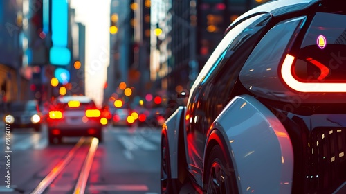 Autonomous Futuristic Vehicle Navigating Busy Nighttime Urban Street with Interactive Displays