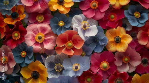   A close-up of various colored flowers in the image s center