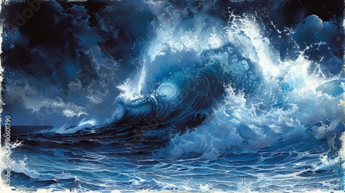 Dramatic ocean wave captured in vibrant blue tones and atmospheric colors © Vilayat