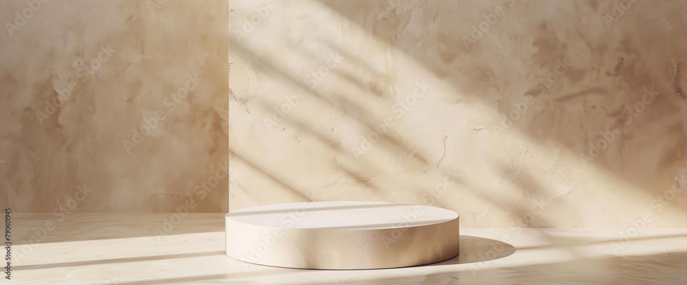 Minimalistic podium with sunlight and shadows on beige concrete wall background for product presentation, 3d render Minimalistic podium with sunlight and shadows on beige concrete wall background for product presentation, 3d render