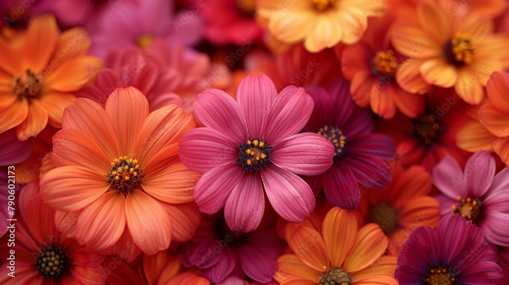 A tight shot of an assorted arrangement of red, orange, yellow, pink, and purple blooms A tight shot of an assorted arrangement of red, orange, yellow, pink, and purple blooms