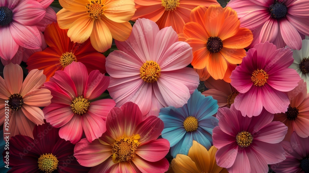   A tight shot of vibrant blossoms, colors concentrated in petal middles, centered within blooms