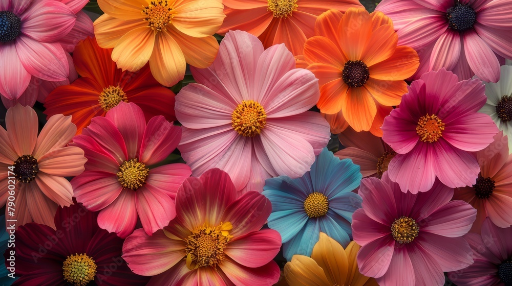 A tight shot of vibrant blossoms, colors concentrated in petal middles, centered within blooms A tight shot of vibrant blossoms, colors concentrated in petal middles, centered within blooms