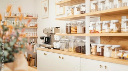Interior of cafe with glass jars arranged on shelf