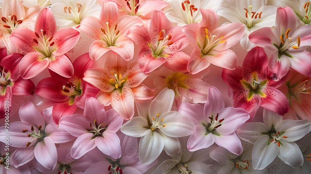 A cluster of pink and white blooms against a white and pink backdrop; a red center is encircled by smaller pink and white blossoms A cluster of pink and white blooms against a white and pink backdrop; a red center is encircled by smaller pink and white blossoms