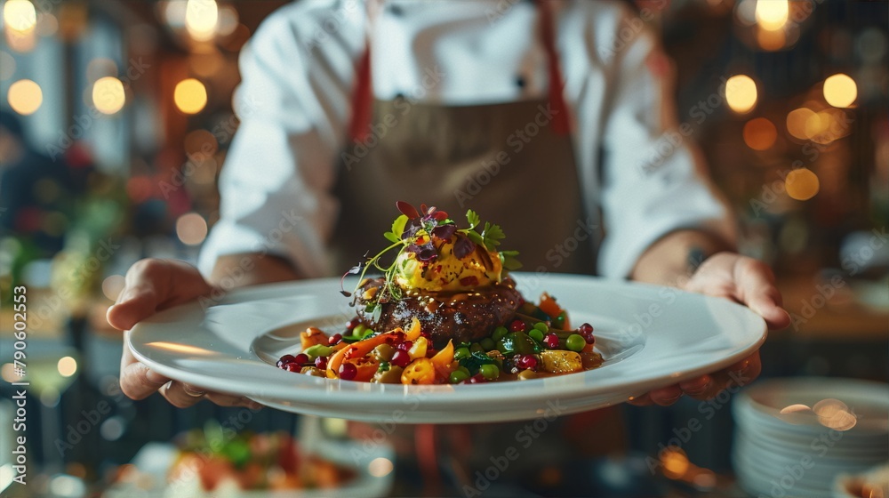 Artistic close up of a chef presenting a delicious and beautifully plated dish in a restaurant, food photography, culinary art, still life, warm colors, painterly