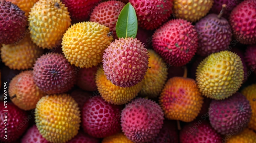   A tight shot of various fruits with a single green leaf protruding from one's uppermost part