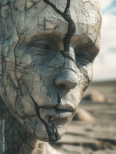 Eroded Humanity Closeup of Cracked Human Sculpture in Deserted Landscape, Symbolizing End of Humanity