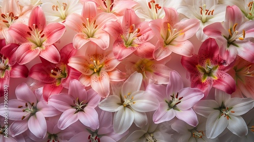   A cluster of pink and white blooms against a white and pink backdrop  a red center is encircled by smaller pink and white blossoms