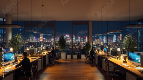 A gathering of individuals occupies office desks in a building during nighttime. The room features water fixtures, tables, and glass elements. AIG41