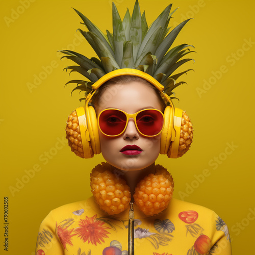 woman with pineapple hair and cellphone headset, , national geographic photography