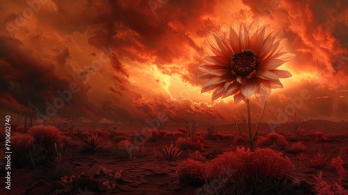 Vibrant desert flower blooming against a fiery sunset backdrop