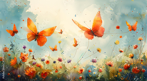 Fluttering Fantasia: Watercolor Symphony of Spring with Kites and Butterflies