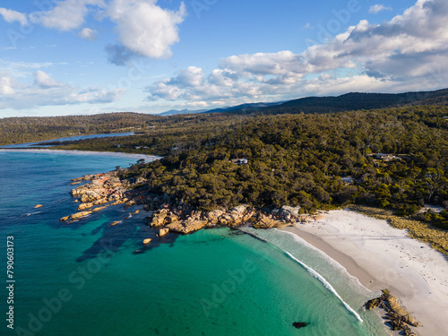 St Helens, Australia: Dramatic aerial view of the stunning coast of Bay of Fires with white sand beach in Tasmania in Australia