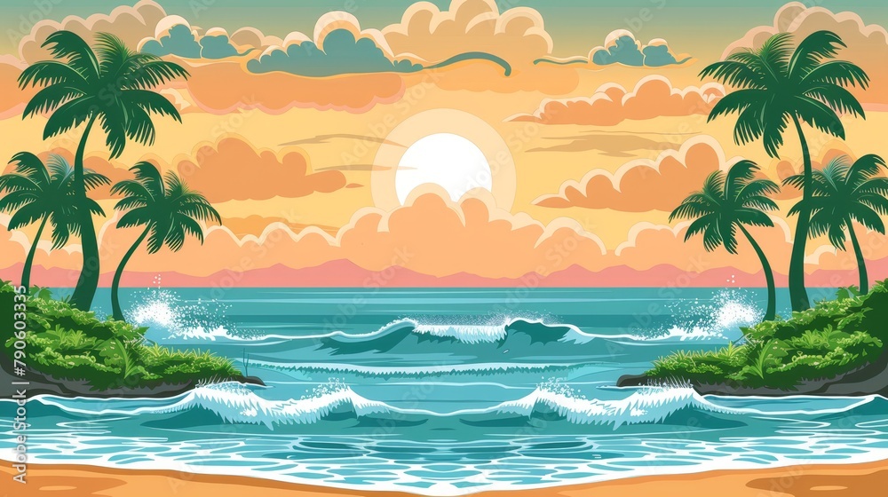  palms, beach, waves; foreground, crashing waves