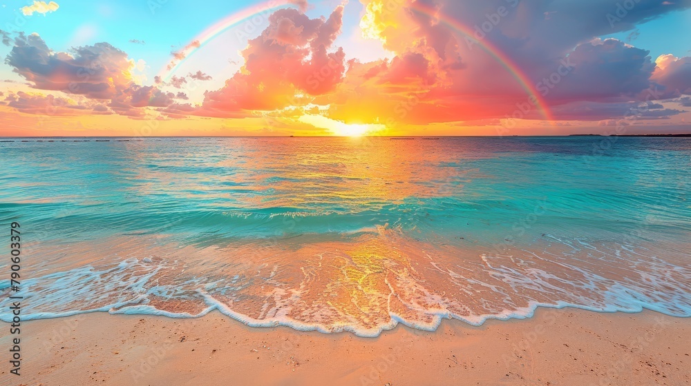   The sun sets over the ocean, painting a rainbow across the sky above the water A serene beach lies in the foreground