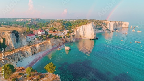   A birds-eye perspective of a beach reveals a rainbow arching over the water  while houses line the cliffside