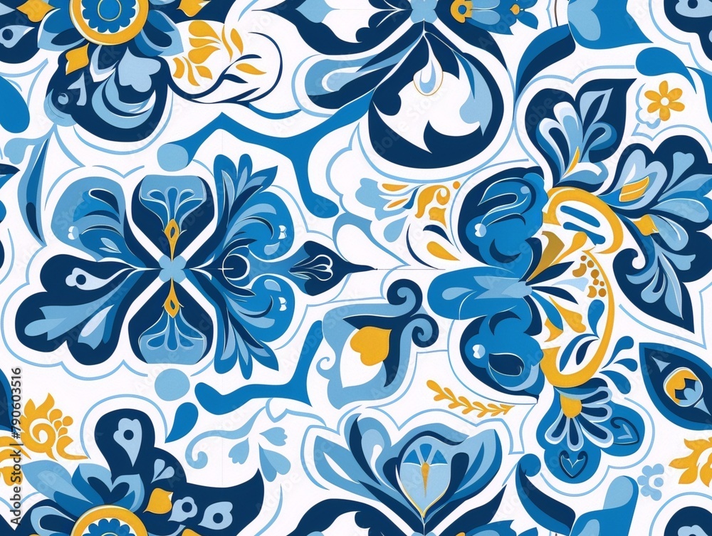 Blue and yellow floral and geometric elements in a seamless pattern reminiscent of Portuguese azulejos.
