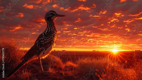 Majestic roadrunner bird poised against a vivid sunset sky. photo