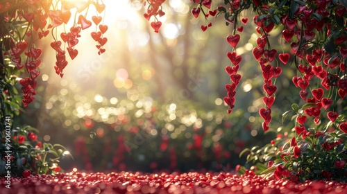   Red hearts dangle from tree branches amidst a forest of red-flowered trees photo