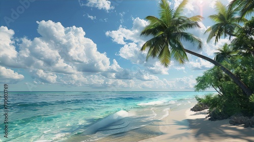 Coconut palm trees on a beach with white sand and turquoise ocean convey a tropical paradise, evoking relaxation and summer