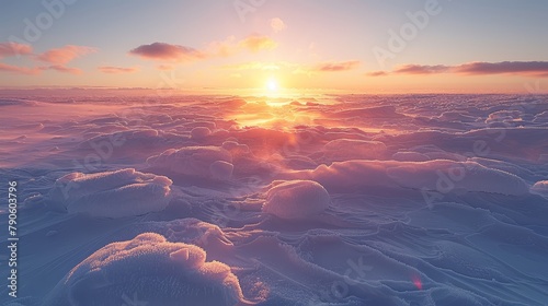   The sun brightly shines through clouds in the sky, illuminating an extensive snow- and ice-covered landscape photo