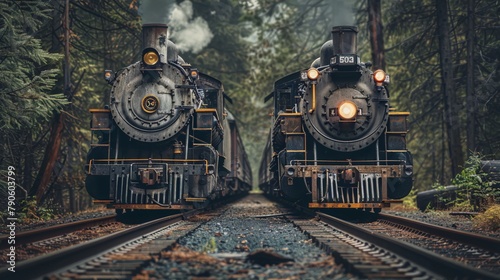 Two old steam trains face each other on railroad tracks in a misty forest, digital art, concept art, matte painting.