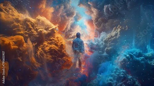 Lost in a surreal dreamscape, a solitary figure embarks on a journey of self-discovery amidst a vibrant explosion of cosmic colors and ethereal mist.