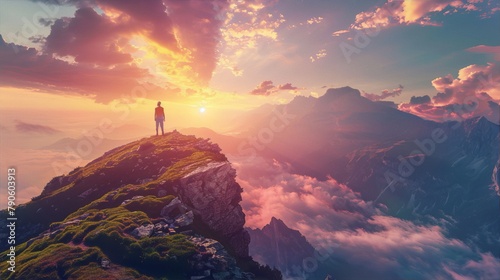 Lonely hiker standing on a mountain peak enjoying a vivid sunset over a majestic mountain range with clouds in the valley below