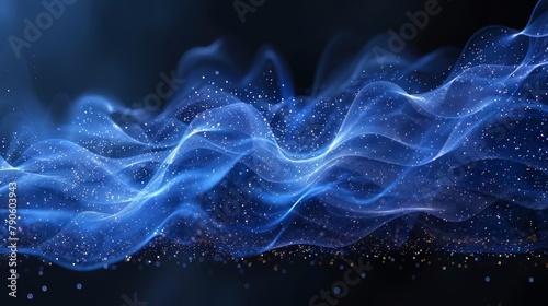   A dark blue background with white stars and a wave of blue smoke on the left side On the right side  a black background with white stars