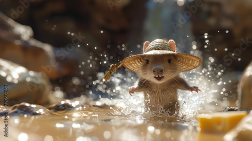   A mouse dons a straw hat, splashes in a puddle holding a cheese chunk photo