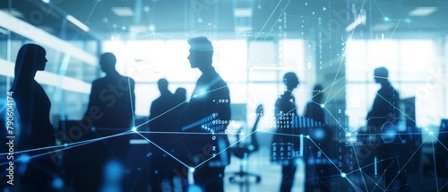 Silhouettes of business professionals in blue-toned office, digital network overlay suggests technology and connectivity.
