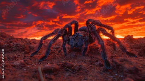Stunning portrait of a tarantula in a dramatic desert sunset