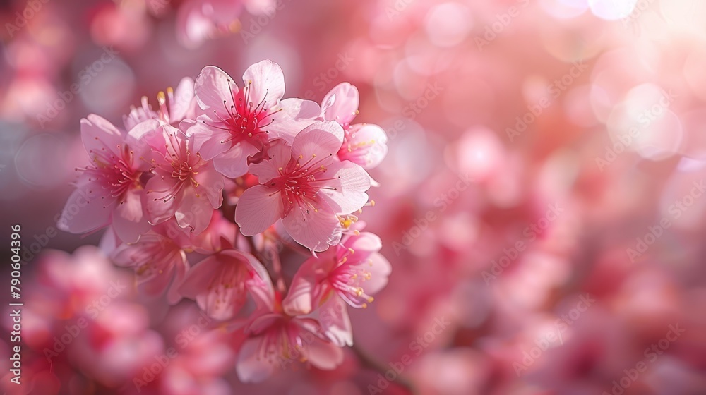   A sunny day features a multitude of pink blooms, their petals unfurling, with a faintly blurred foreground